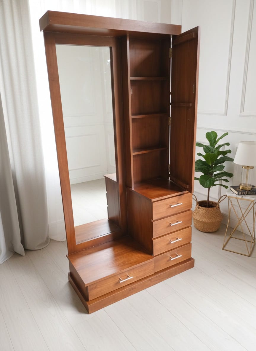 Teak Pivoting Mirror & Wardrobe Vanity Dressing Table