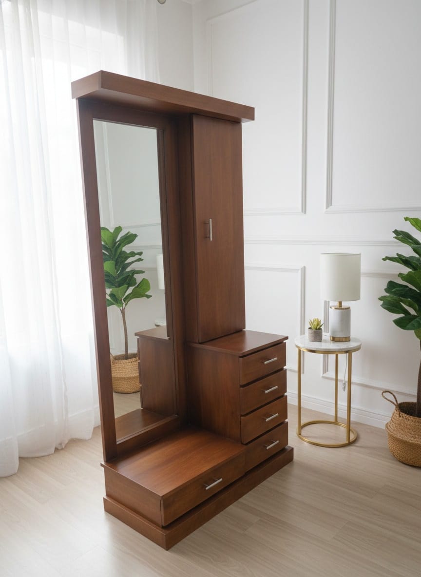 Teak Pivoting Mirror & Wardrobe Vanity Dressing Table